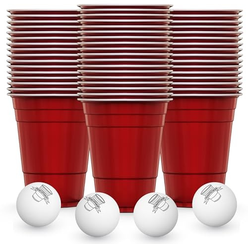 RedCupShop® Bägarset – 50 röda kupor och 4 bollar – diskmaskinssäkra och återanvändbara, 473 ml, röda festmuggar