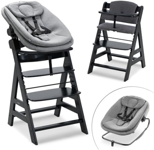 hauck Hochstuhl Alpha+ Newborn Set 3in1 Highchair Bouncer - mitwachsender Holz Babyhochstuhl ab Geburt, inkl. Neugeborenenaufsatz & Sitzpolster - Schwarz