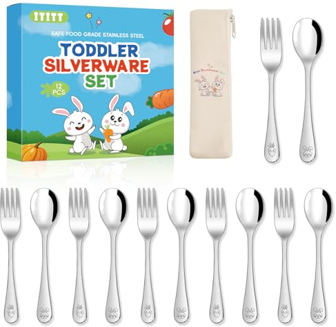 12 Pieces Stainless Steel Toddler Utensils Set - Food Grade Kids Silverware Set Children Safe Small Forks and Spoons Mirror Polished Sturdy and Durable Dishwasher Safe