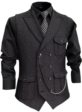 RUNTINGJIA Men's Tweed Vest Double Breasted Formal Herringbone Wool Vest with Lapel Waistcoat