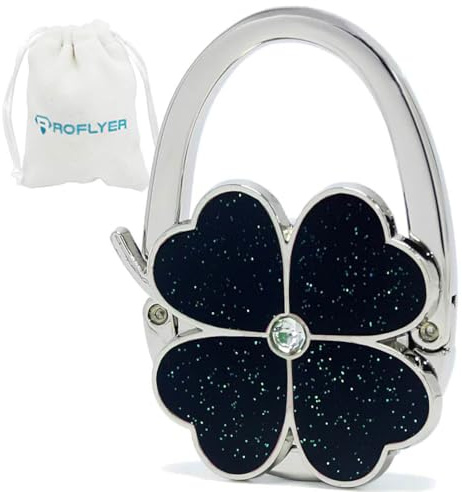 ROFLYER Four Leaf Clover Design Foldable Handbag Hanger Folding Purse Table Hook Holder (Black)