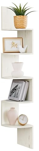 VASAGLE Scaffale angolare a 5 ripiani, mensola galleggiante espositiva per soggiorno, studio, cucina, camera da letto, per piante, CD, decorazioni, moderno, bianco rustico LBC072W02