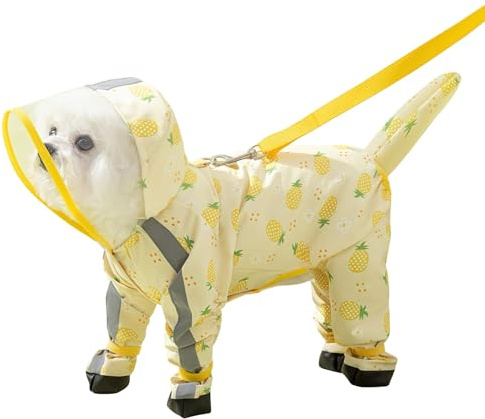 Manteau de pluie pour chien avec bottes – Veste de pluie imperméable à couverture complète pour animal domestique avec capuche, couverture de queue amovible, semelle en PU, anneau de laisse, bande