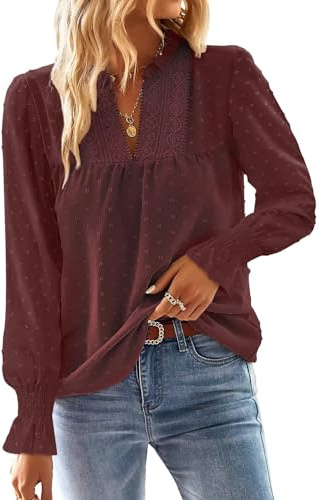 TUUHAW Dam boho V-ringad topp långärmad spetsblus sommar chic och elegant skjorta höst tunika, Röd Bordeaux, XL