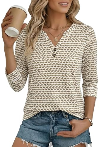 Cuptacc Tee Shirt Femme Manche 3/4 Henley Col en V Chemisier Élégant Léger | Manches 3/4,Décolleté En V,Boutonnage,Loisirs,Décontracté,Pour Toutes Les SaisonsTenue,Professionnelle