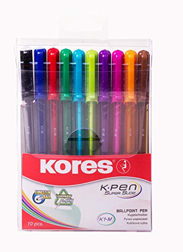 Kores - K1: Farbige Kugelschreiber, 1 mm Medium Point Biro mit wischfester Tinte, 10er-Pack in verschiedenen Farben