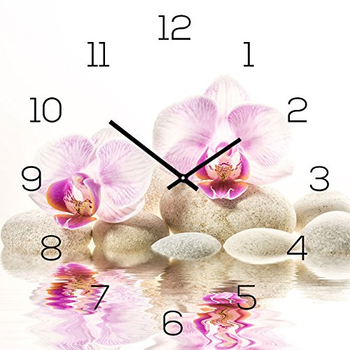 levandeo Wanduhr aus Glas 30x30cm Uhr als Glasbild Rosa Orchideen Bambus FengShui Wellness Deko