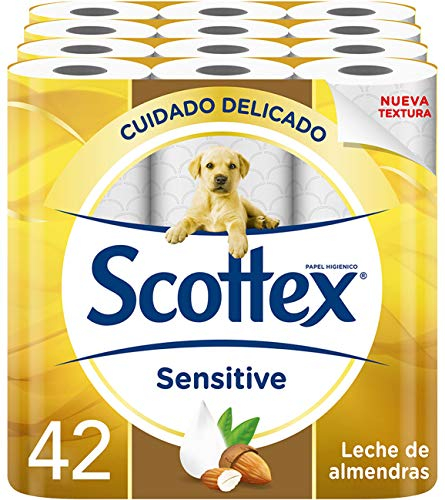 Scottex Papel Higiénico Sensitive 42 rollos con 3 capas cuidado delicado gracias al toque de leche de almendras (7 packs de 6 rollos)