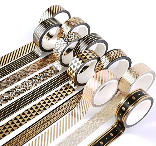 10 Rollen Washi Tape, Masking Tape schwarz-goldene Foliendruck, dekoratives Klebeband für Scrapbooking, Bullet Tagebuch, Planer, Geschenkverpackung, Urlaubsdekoration
