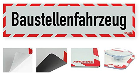 reflecto Hinweisschild „Baustellenfahrzeug“ in rot-weiß und reflektierend (RA1/A) - verschiedene Ausführungen und Maße (auf Aluminiumverbund, 90 mm x 400 mm)
