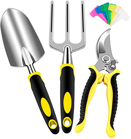 AGAKY Gartenwerkzeug Set, 3-teiliges Gartengeräte Set, Garten Werkzeug Set für Männer und Frauen mit Gartenschere, Schaufel, Gabel, 10 Plastik-Pflanzenmarkierern
