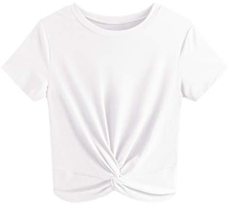 JINKESI Women's Summer Causal Short Sleeve Blouse Round Neck Crop Tops Twist Front Tee T-Shirt White-Large