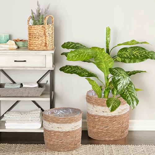 green leaves Natural Seagrass Indoor Planter Storage Basket Flower Pot with waterproof liner (Small)