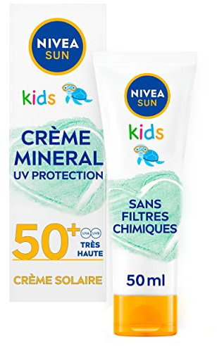 NIVEA SUN Crème Minérale Kids FPS 50+ (1 x 50 ml), Crème solaire aux filtre UVA/UVB 100% Minéraux, Protection solaire ultra-résistante à l’eau et à la formule vegan