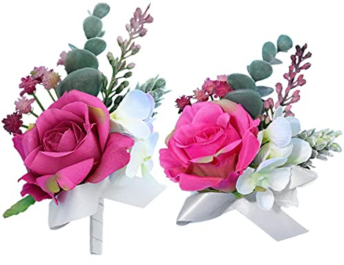Campsis Corsage and Boutonniere Set, Pink Wrist Corsage, Prom Boutonniere for Wedding