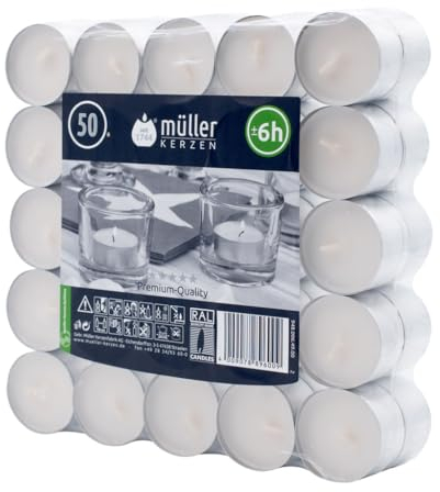 Müller - Teelichter - Packung mit 50 Stück - 6 Stunden Brenndauer - Weiß - Unparfümiertes Wachs – Tropffrei