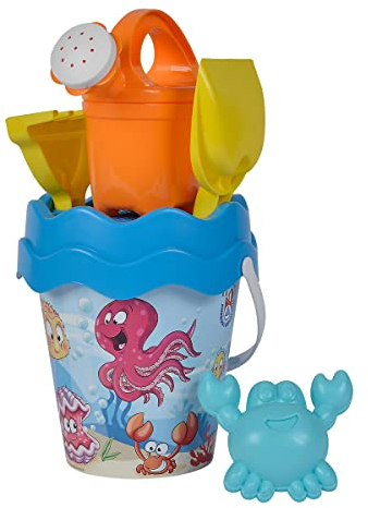 Simba 107114563 - Eimergarnitur Ozean, 6 Teile, Höhe 16cm, Durchmesser 17cm, Sandspielzeug, Sandform, Rechen, Schaufel, Gießer, Eimer, Sieb