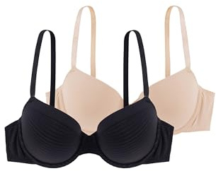Dorina Lot de 2 Soutiens-Gorge Demi Femme Louise – Légèrement Rembourrés, À Armatures, Bonnets Moulés, Microfibre Rayée Burnout Premium & Micro Douce pour Soutien et Confort, Noir et Beige