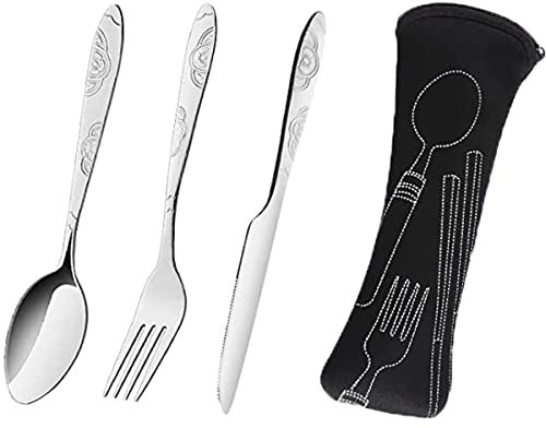 3 Stück Reisebesteck, WitBicg Göffel Camping Besteckset Besteck Zum Mitnehmen 1 Person Wiederverwendbar Edelstahl Geeignet Für Schule, Büro, Firma, Campingbesteck Mit Tragetasche (Muster - Schwarz)