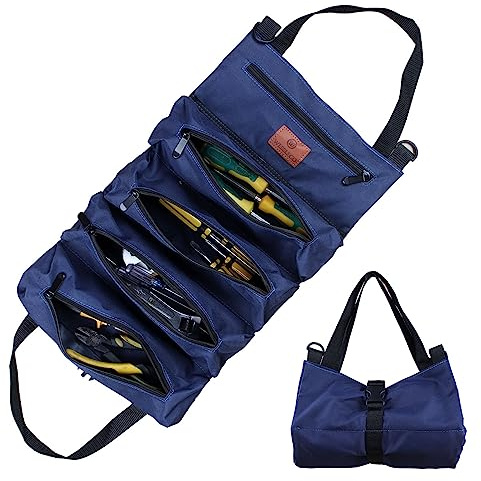 Tool Roll Bag, Canvas Tool Bag, Multi-Purpose Tools Box Organiser with 5 Zip Pockets, Ideal for Plumbers, Craftsmen and Electricians (ArmyGreen) (dark blue)