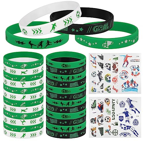 Zocipro Braccialetti Silicone Braccialetto Calcio, 24Pcs Braccialetti in Gomma con 10 Adesivi a Tema Calcio, Decorazione Regalo di Compleanno per Feste Sportive di Calcio