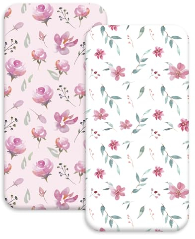 Spannbettlaken Kinderwagen Bettlaken Spannbettlaken für Babybett 2 Pack 82x41 cm Oeko-Tex Zertifiziert Stubenwagen Bezug Kinderwagen Matratzenschoner Matratzenbezug für Neugeborenes Blumen