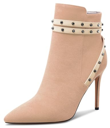 HEUIVZAR Femmes Mi Aiguille Talon Heel Fermé Pointu Bout Sexy Fermeture à Glissière Bottines Dress Rivets Danse Bottes 8 CM Heels Nude 40 EU
