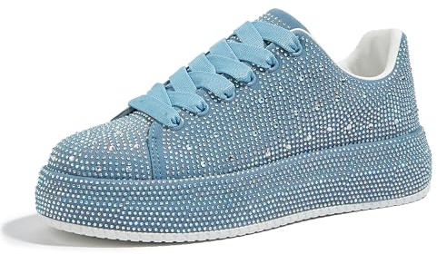 LUCKY STEP Scarpe da Ginnastica Donna Plateau Scintillanti Matrimonio Festa e Passeggio (Blu con Strass, 10US-41EU-8UK)