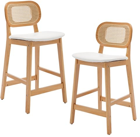 chairus 2er Set Barhocker PU Leder Barstuhl für Küchen mit Rattan Rückenlehne Tresenhocker für Frühstück mit Massivholzbeinen (Weiß-2)