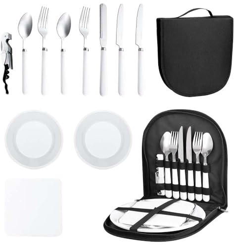 Udbrud Camping-Besteck-Set, 11-teiliges Camping Geschirr Set mit Reißverschluss Fall 2 Personen mit Teller Gabeln Löffel Messer Outdoor Portable Campingbesteck Set für Picknick Reisen (Schwarz)