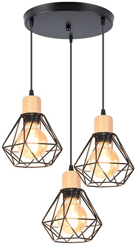 iDEGU 3 Luces Lámpara Colgante Vintage Industrial Iluminación Colgante de Madera Metal Retro Pantalla Diseño Jaula 16cm Luz Colgante Lámpara de Techo para Salón Dormitorio Cocina (Araña Negro)