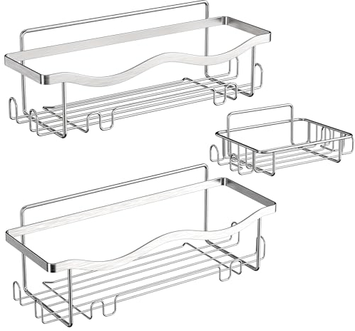 ALOCEO Shower Caddy 3 Pack, Shower Shelf No Drilling Bathroom Wall Storage with Shower Soap Holder, Stainless Steel Shower Organiser Kitchen Rack, Sliver