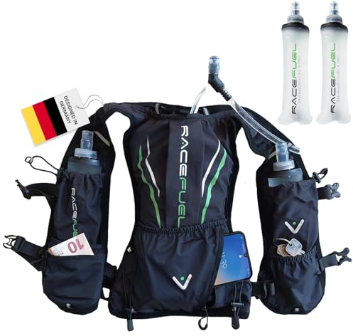 RaceFuel Marathon Weste Ultraleicht Trinkrucksack, Trail Rucksack, Trinkweste, Hydration Pack Fahrradrucksack für Laufen, Wandern, Männer Frauen (inkl. 2 STK 250ml Softflasks, ONE-Size)
