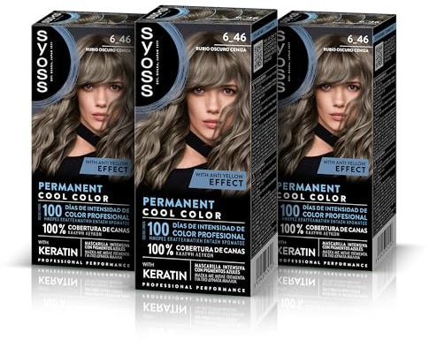Syoss Permanent färgton 6,46 mörkblond aska, hårfärg för kvinnor, professionell täckning av grått hår, hållbar färg och djupvård, inklusive intensiv keratinmask, 3-pack