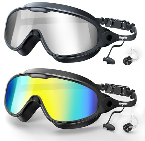 VegoVia 2 Pack Goggles Swimming Adult Men Women, Anti-Fog Pool Water Swim Goggles 180° Wide View UV Protection No Leaking Silicone Swim Glasses Attached Earplugs for Youth Beach Open Water Beach