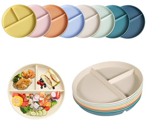 Cosmeria Piatti con Scomparti 9 Pollici, Set di 8 Colori Vivaci, Impilabili, Leggeri, Adatti a Microonde e Lavastoviglie, per Casa, Viaggi e Feste