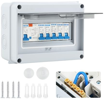 4 Way Consumer unit Circuit Breaker, Garage unit with Assembly Tool, 63A 30mA RCD 4MCB 2x6A+10A+20A+32A, IP65 Anti-Leakage Fuse Box for Garages Caravans Workshops