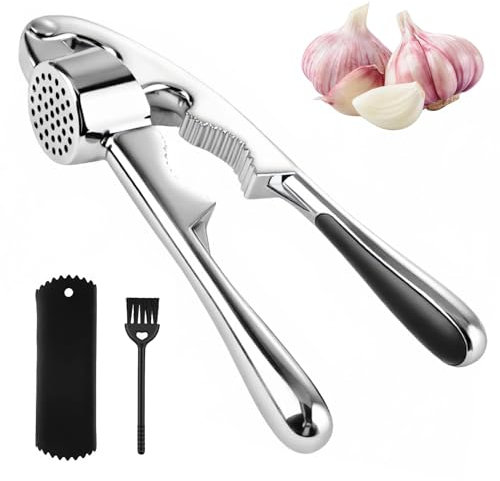 Arvoni Prensa Ajos, Garlic Press Acero Inoxidable, Machacador de Ajos con Pelador de Ajos y Cepillo de Limpieza, Prensa da Ajos con Función de Cascanueces, Apto para Lavavajillas