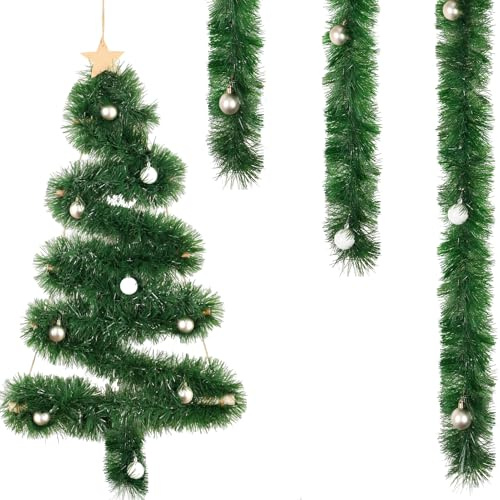 8M Weihnachtsgirlande Ø 13 cm Grün Tannengirlande Weihnachten mit Weihnachtsbaumkugeln Weiß Gold 4cm,Künstliche Dekogirlande Feiertagsgirlande Treppe Weihnachtsdeko Girlande Weihnachten