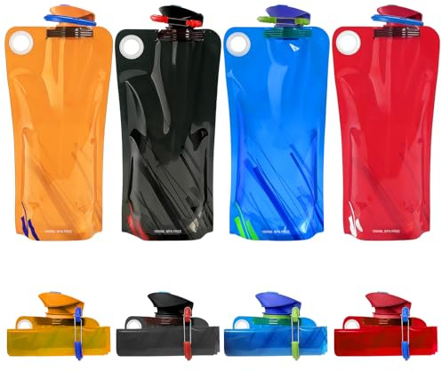 flintronic 4 Pezzi Bottiglie di Acqua Pieghevole, 1000ML Pieghevole Bottiglia Flessibile Riutilizzabile, Portatile Borraccia Sportiva Con Moschettone per Viaggi, Escursionismo, Adventures