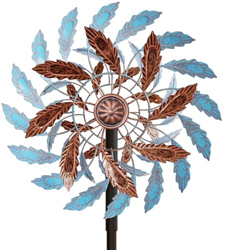 VeyFolzin.st Metal Outdoor Wind Spinner, Wind Sculpture Spinner with Metal Stake, Waterproof 360 Degrees Kinetic Windmill Art Decoration for Patio Garden Lawn (Blue+Brown)