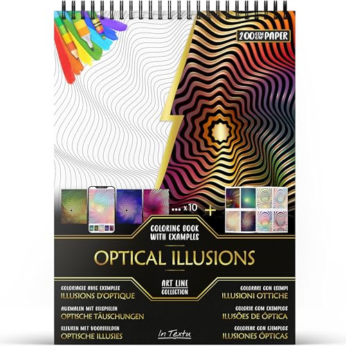 In Textu Livre de Coloriage Adulte Illusions d'Optique, Papier 200 g/m² | Reliure spirale, A4, qualité premium, 30 dessins, 300 modèles couleur, pour crayons et marqueurs Acrylique|Alcool|Eau