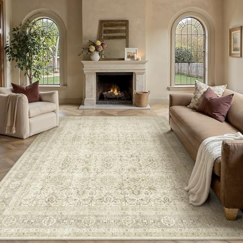 HUGEAR Vintage vardagsrumsmatta 240 x 300 cm beige halkfri maskintvättbar matstol kontorsstol mattor stora rug utomhus kort lugg matta