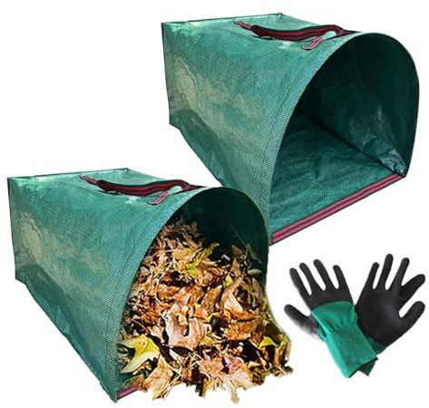 Sacchetti per rifiuti da giardino – Sacchetti per rifiuti da giardino con manici – Borsa robusta raccoglitore di foglie – 2 pezzi di pattumiera da giardino con guanti riutilizzabili per esterni