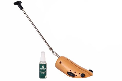 Langer & Messmer alargador de zapatos para mujer contra pellizcos en zapatos o botas - de madera maciza de haya y mecanismo metálico - se estira a lo ancho y a lo largo incl. spray alargador de cuero
