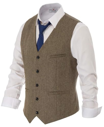 PJ PAUL JONES Mens Preppy Style Vintage Suit Vest Herringbone Tweed Waistcoat for Church