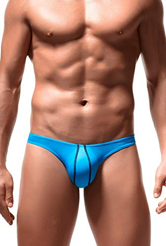 Newsywell Hombre Seda de Hielo Tanga Elastane Hilo Mini Cintura Baja Bikini Bordado Transpirable Elastica Slip Ropa Interior Bragas Azul Medium