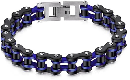 jonline24h Stainless Steel Motorcycle Biker Chain Heavy Bracelet Rock Link Wristband (Black Blue)