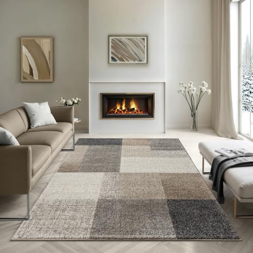 the carpet Pearl – Moderner Kurzflor Teppich, dichter Flor, geometrisches Muster, Konturenschnitt, Wohnzimmer & Schlafzimmer Teppich, Kariert, Beige, 160 x 220 cm