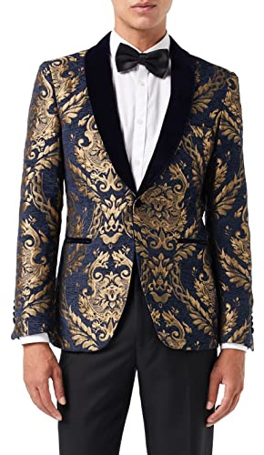 Men’s Jacquard Blazer Gold Brocade on Flocked Navy Velvet Tailored Fit Tux Jacket [BLZ-311-BLUE-VELVET-36]